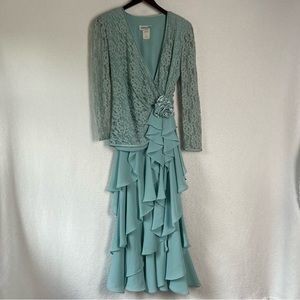 Vintage 70 80s Cheryl Kaye Sea Green Lace Asymmetric Cascading Ruffle Wrap Dress